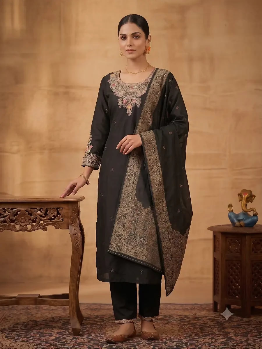 Teeya Creation Black Embroidered Silk Straight Kurta Pant Set with Dupatta - Dista