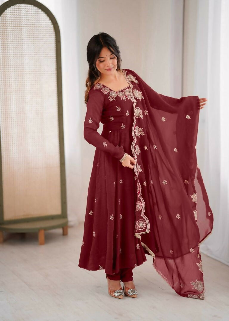 Teeya Creation Maroon Color Crunchy Silk Embroidery Work Wedding Wear Gown