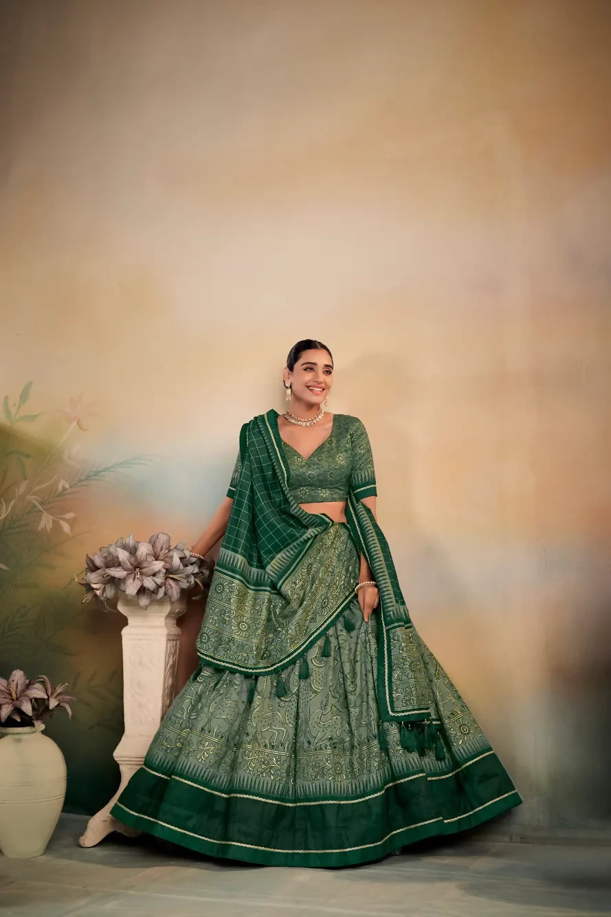 Looknbook Art Tasar Silk Kalamkari Printed Lehenga Choli with Lace Border-Green