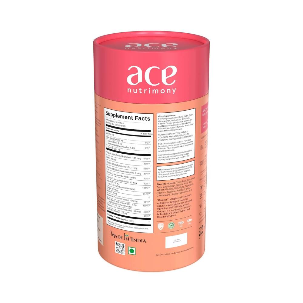 Ace Nutrimony Biotin Balanced Beauty Hair Gummies for Skin and Nails with Clinically Proven Keranat, Biotin - Strawberry - Distacart