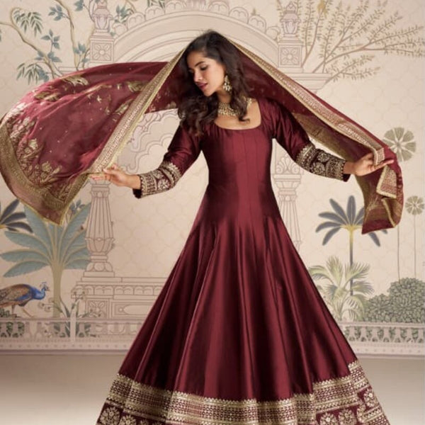 Aarshi Fashions Maroon Silk Wedding Gowns