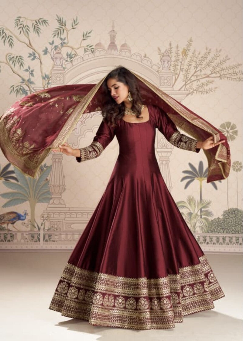 Aarshi Fashions Maroon Silk Wedding Gowns - Distacart