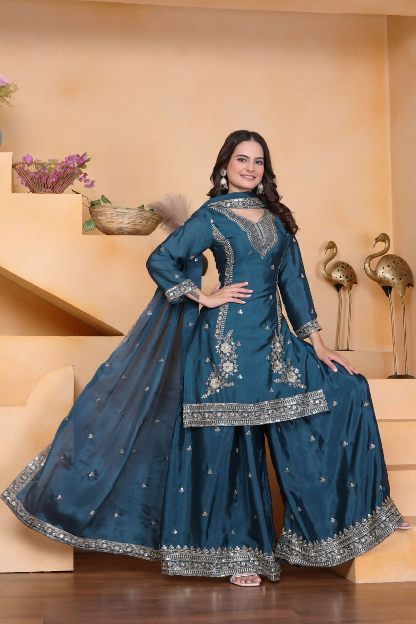Joban Fashion Teal Crepe Embroidered Sharara Set - Distacart