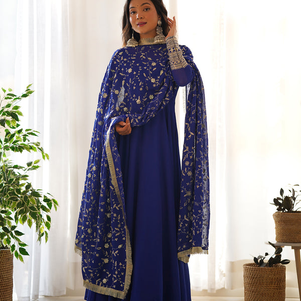 Lorenvalley Fashion Women Georgette Anarkali Gown Duppta Full Set With Pent Ready To Wear - Blue - Distacart