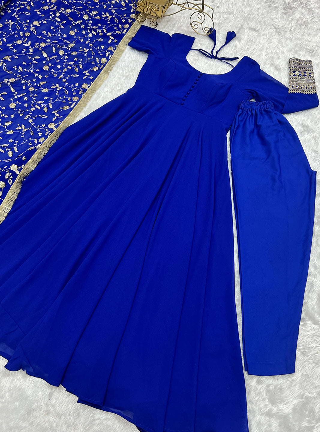 Lorenvalley Fashion Women Georgette Anarkali Gown Duppta Full Set With Pent Ready To Wear - Blue
