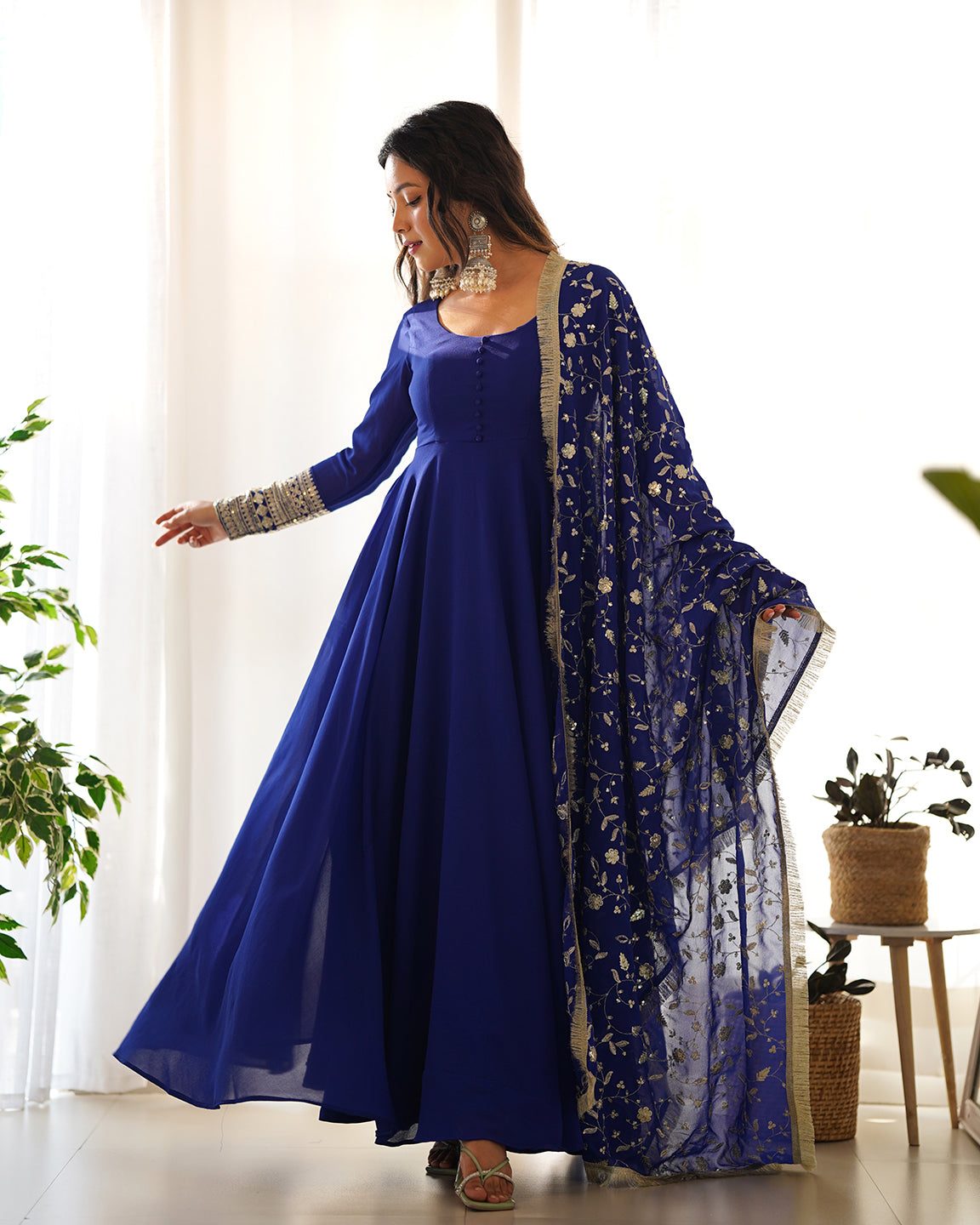Lorenvalley Fashion Women Georgette Anarkali Gown Duppta Full Set With Pent Ready To Wear - Blue - Distacart