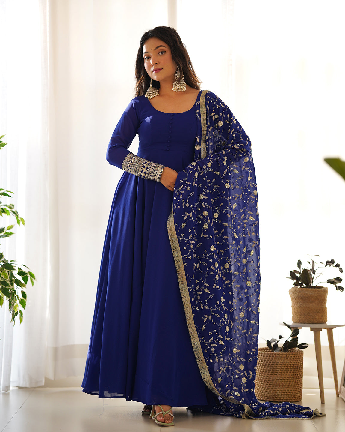Lorenvalley Fashion Women Georgette Anarkali Gown Duppta Full Set With Pent Ready To Wear - Blue