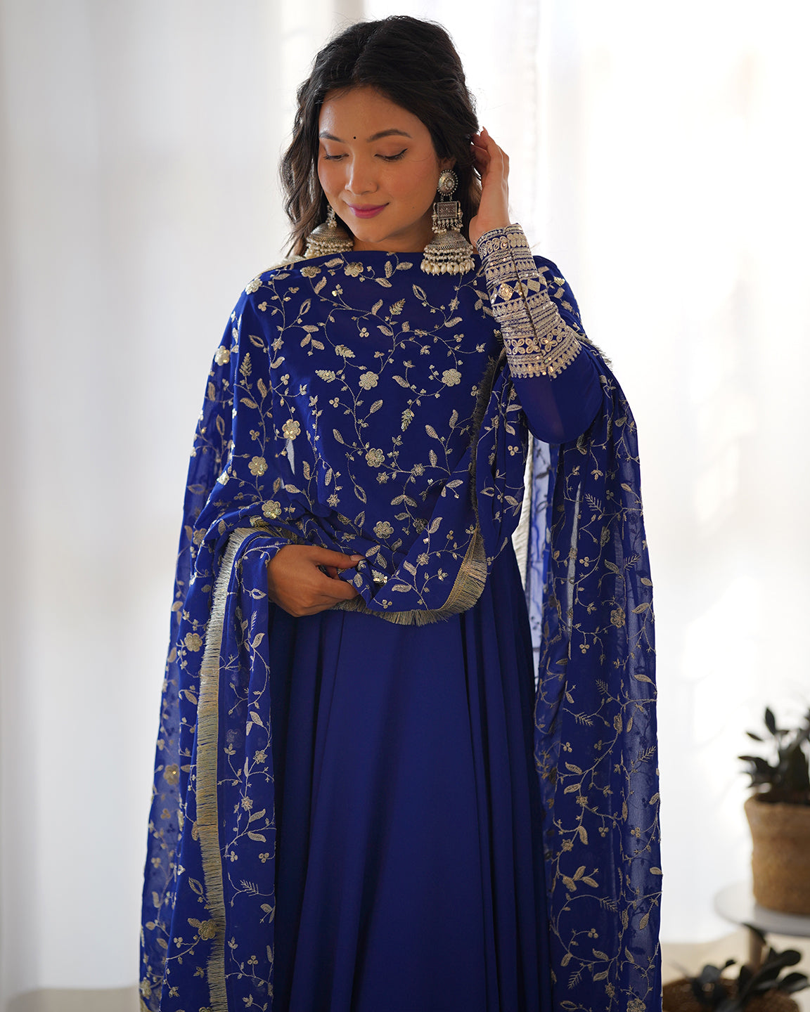 Lorenvalley Fashion Women Georgette Anarkali Gown Duppta Full Set With Pent Ready To Wear - Blue - Distacart