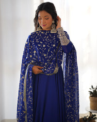 Thumbnail for Lorenvalley Fashion Women Georgette Anarkali Gown Duppta Full Set With Pent Ready To Wear - Blue