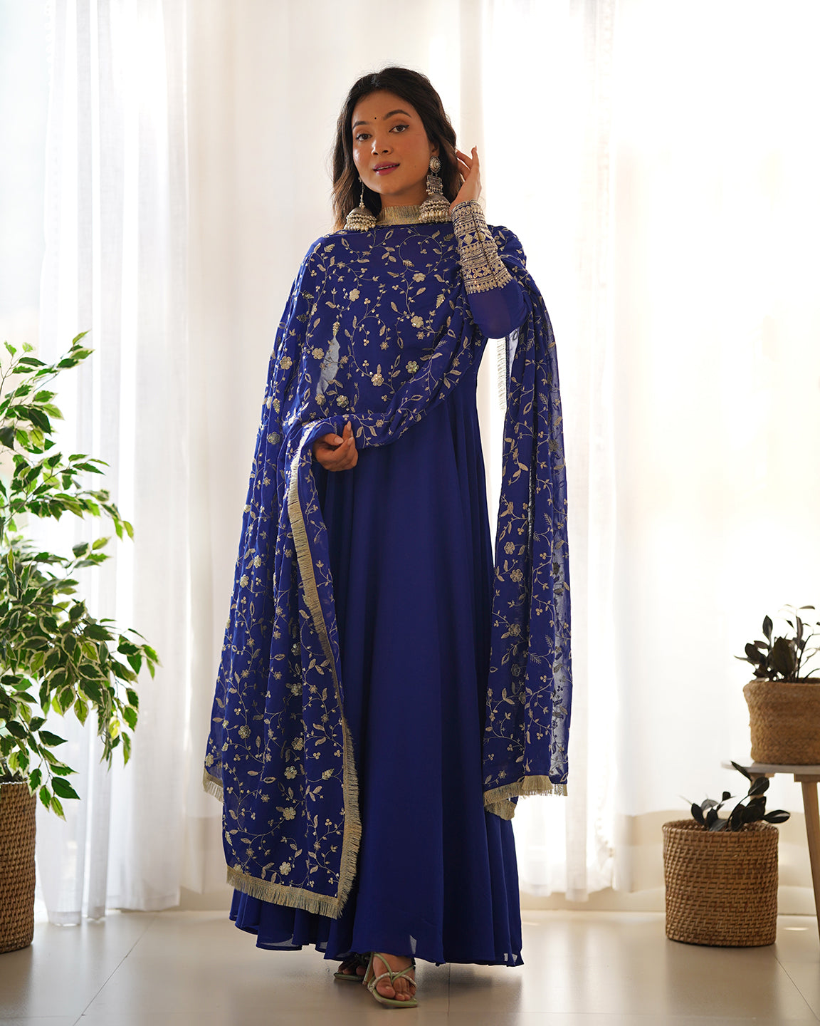 Lorenvalley Fashion Women Georgette Anarkali Gown Duppta Full Set With Pent Ready To Wear - Blue