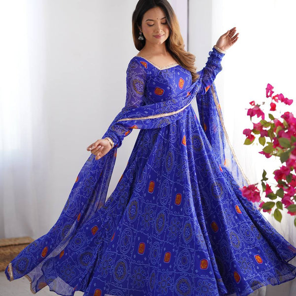 Evanik Royal Blue Pure Lightweight Chiffon Bandhej Design Anarkali Pant With Dupatta