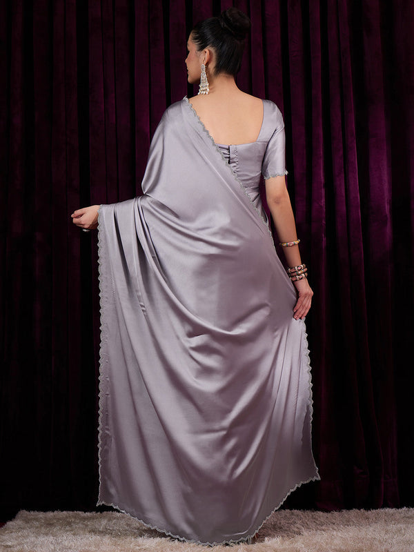 NOZ2TOZ Women's Satin Silk Grey Embellished Designer Saree With Blouse Piece - Distacart