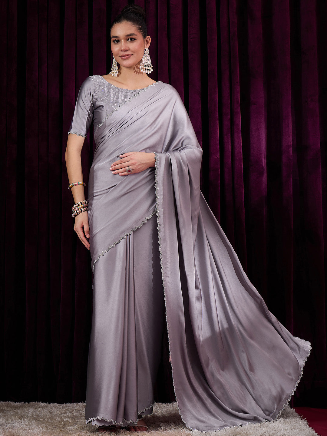 NOZ2TOZ Women's Satin Silk Grey Embellished Designer Saree With Blouse Piece - Distacart