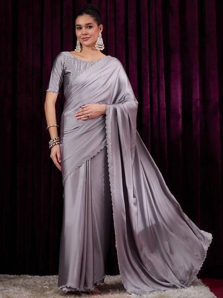 NOZ2TOZ Women's Satin Silk Grey Embellished Designer Saree With Blouse Piece - Distacart