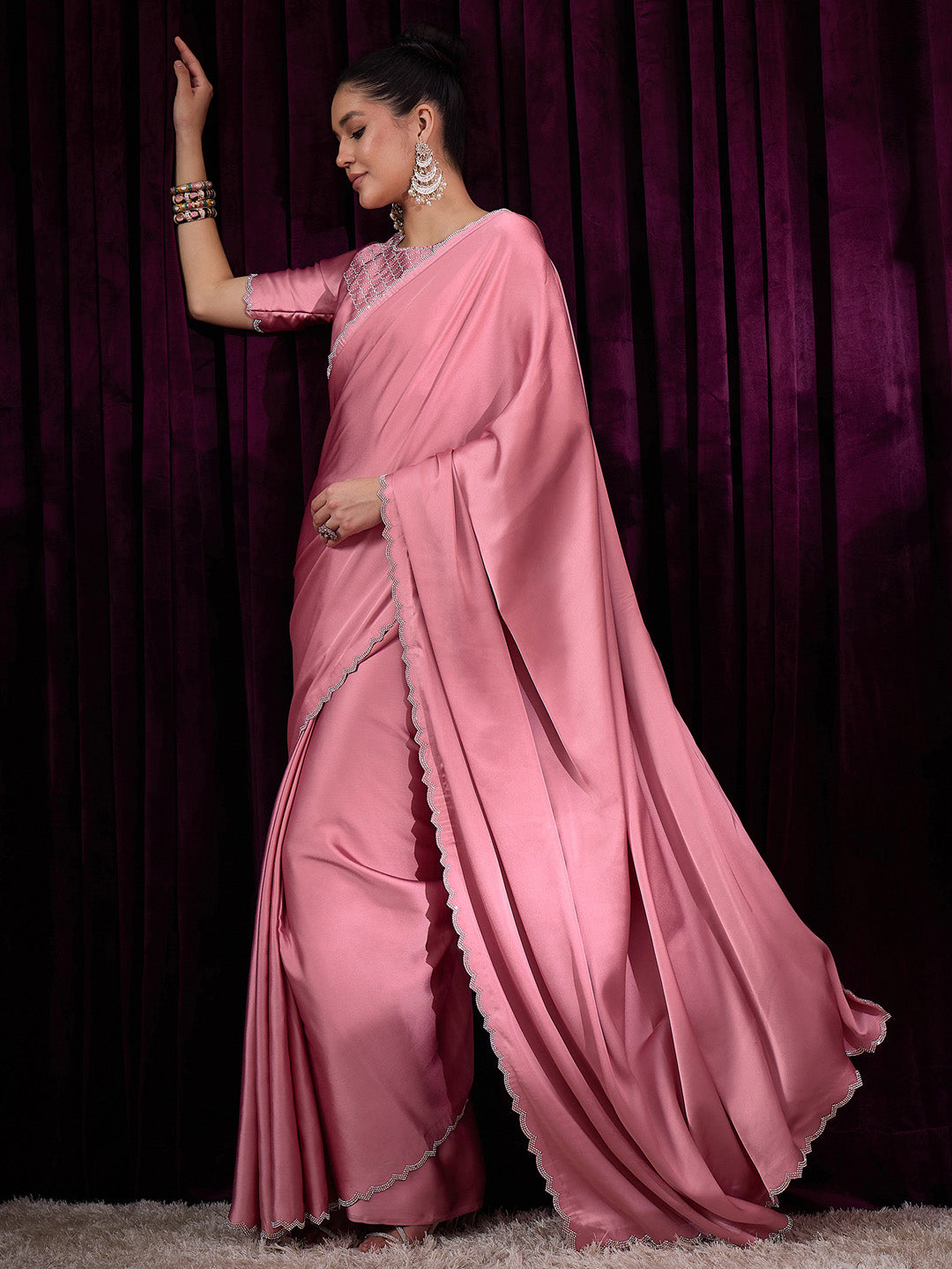 NOZ2TOZ Women's Satin Silk Pink Embellished Designer Saree With Blouse Piece - Distacart