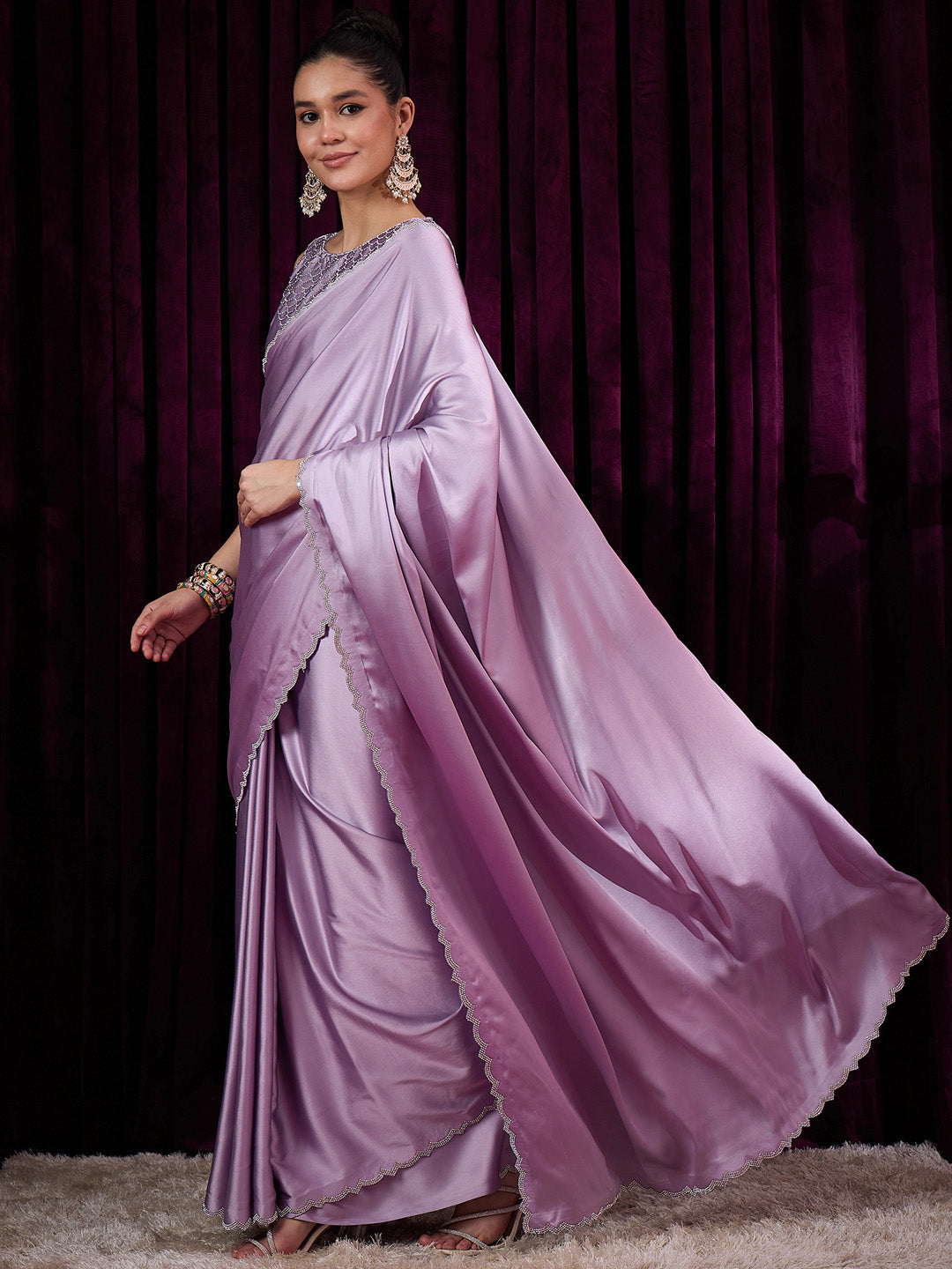NOZ2TOZ Women's Satin Silk Mauve Embellished Designer Saree With Blouse Piece - Distacart