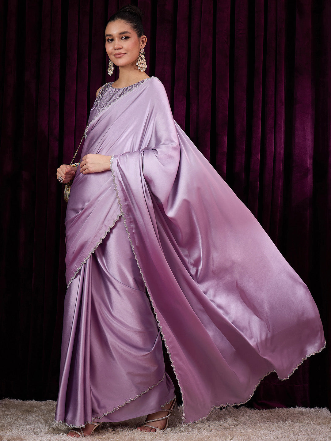 NOZ2TOZ Women's Satin Silk Mauve Embellished Designer Saree With Blouse Piece - Distacart