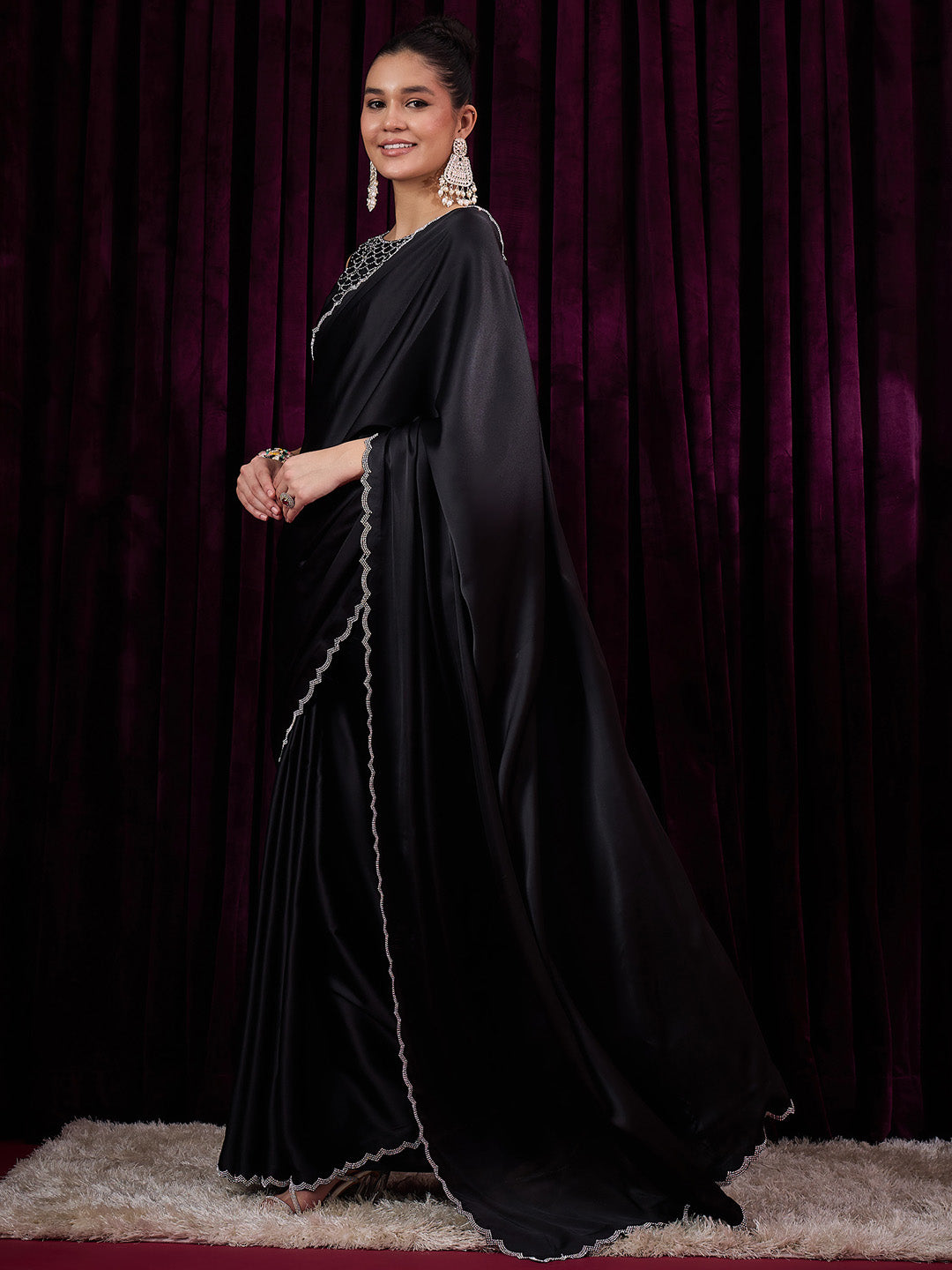 NOZ2TOZ Women's Satin Silk Black Embellished Designer Saree With Blouse Piece - Distacart