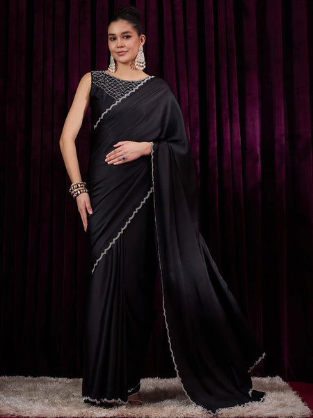 NOZ2TOZ Women's Satin Silk Black Embellished Designer Saree With Blouse Piece - Distacart