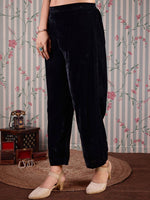 Thumbnail for Ode by House of Pataudi V Neck Gotta Patti Velvet Straight Kurta with Trousers & Dupatta - Distacart