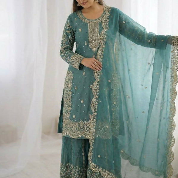 Teeya Creation Turquoise Color Fendy Silk Embroidery Work Wedding Wear Salwar Suit - Distacart