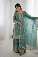 Thumbnail for Teeya Creation Turquoise Color Fendy Silk Embroidery Work Wedding Wear Salwar Suit - Distacart