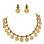 Thumbnail for Jewel City Traditional Gold-Plated Temple Lakshmi Coin Necklace Set with Ruby & Emerald Accents - Distacart