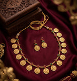 Thumbnail for Jewel City Traditional Gold-Plated Temple Lakshmi Coin Necklace Set with Ruby & Emerald Accents - Distacart