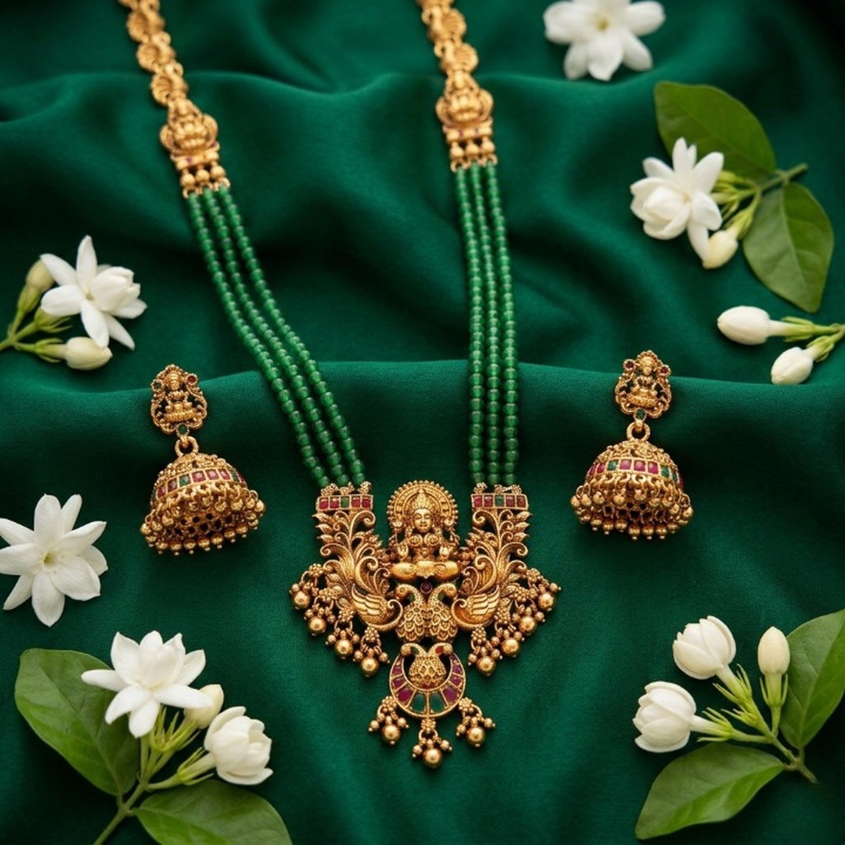 Jewel City Antique Gold-Plated Lakshmi Pendant Green Bead Necklace Set with Jhumka Earrings - Traditional Temple Jewelry - Distacart