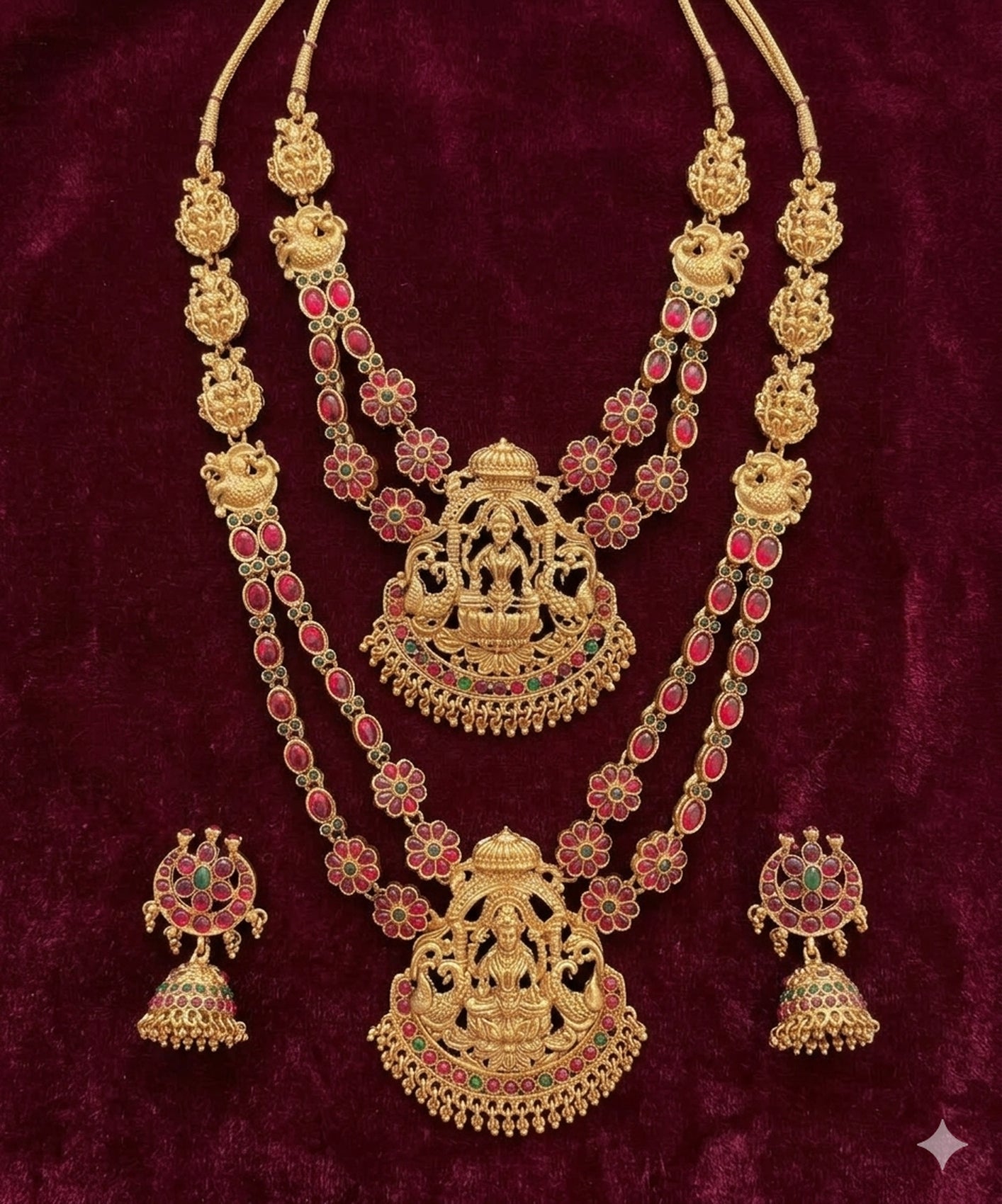 Jewel City Traditional Matte Gold Lakshmi Temple Necklace Set with Ruby & Emerald Stones - Distacart
