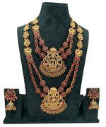 Thumbnail for Jewel City Traditional Matte Gold Lakshmi Temple Necklace Set with Ruby & Emerald Stones - Distacart