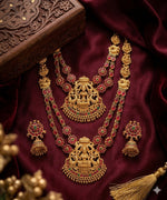 Thumbnail for Jewel City Traditional Matte Gold Lakshmi Temple Necklace Set with Ruby & Emerald Stones - Distacart