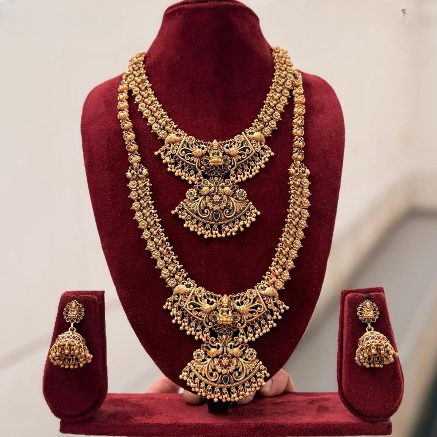 Jewel City Exquisite Handcrafted Antique Gold Temple Jewelry Set - Short Choker, Long Haram & Jhumka Earrings - Distacart