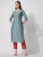 Thumbnail for Blue Embroidered Kurta Pant & Printed Dupatta Set, Multicolor - Hiral Fashion - Distacart
