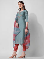 Thumbnail for Blue Embroidered Kurta Pant & Printed Dupatta Set, Multicolor - Hiral Fashion - Distacart