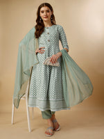 Thumbnail for Lucknowi Embroidered Anarkali Kurta With Pant & Dupatta Set, Multicolor - Hiral Fashion - Distacart