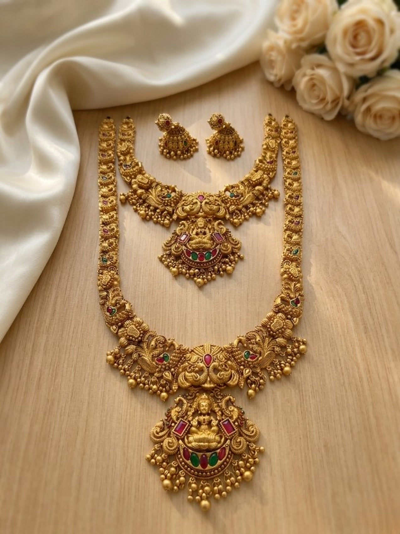 Jewel City Handcrafted Lakshmi Temple Jewellery Set - Traditional Gold-Plated Long & Short Necklace with Jhumkas - Distacart