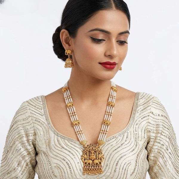 Jewel City Traditional Gold-Plated Temple Jewelry Set - Handcrafted Elephant Motif Green Bead Long Necklace & Jhumka Earrings - Distacart