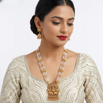 Thumbnail for Jewel City Traditional Gold-Plated Temple Jewelry Set - Handcrafted Elephant Motif Green Bead Long Necklace & Jhumka Earrings - Distacart