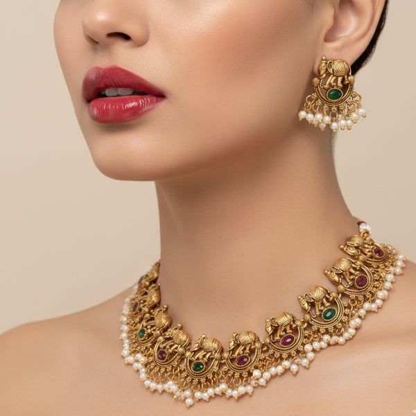 Jewel City Exquisite Antique Gold-Plated Temple Choker Necklace Set - Distacart