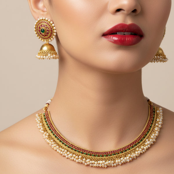 Jewel City Exquisite Gold-Plated Traditional Choker Necklace Set - Distacart