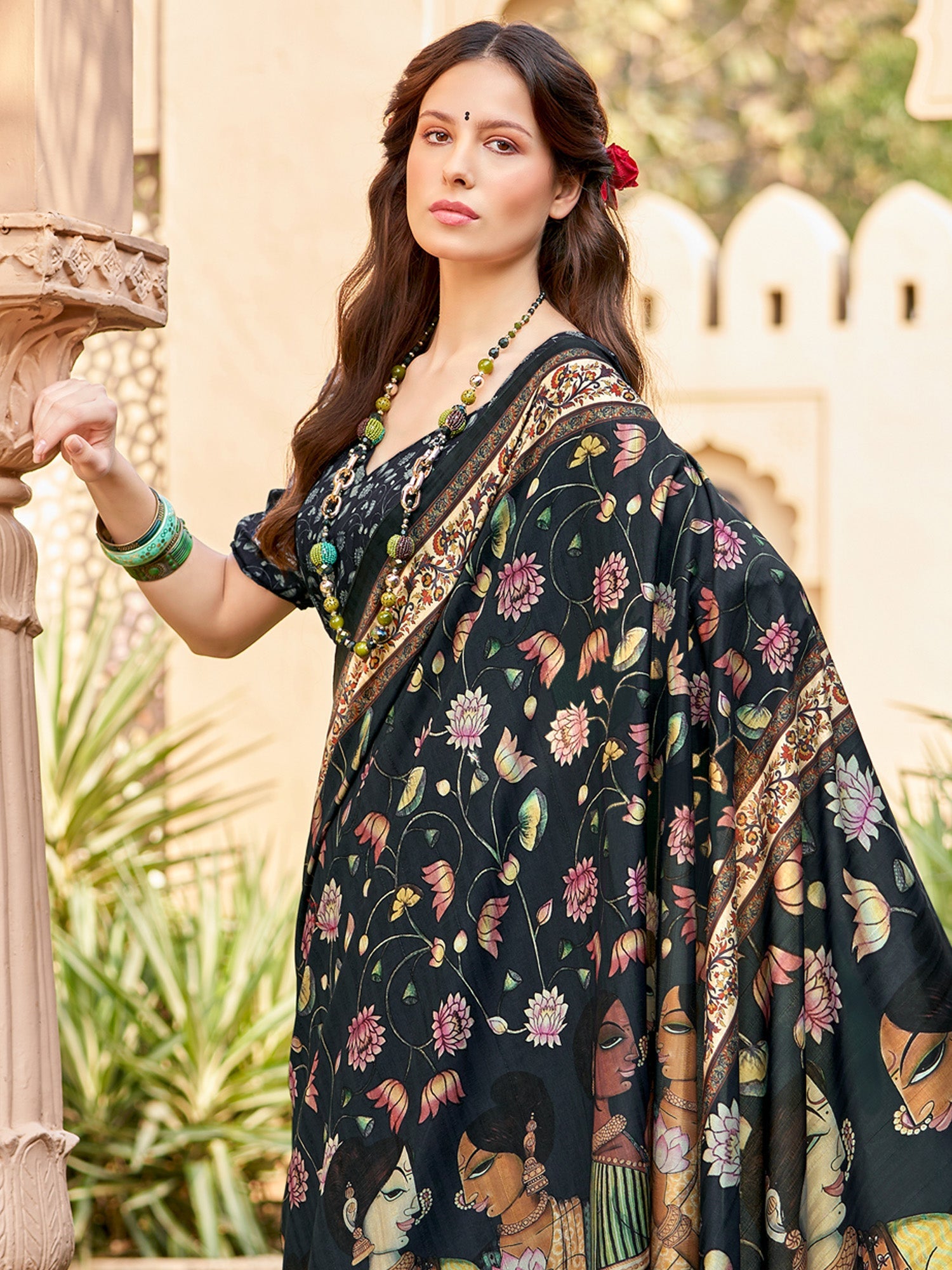 NOZ2TOZ Women's Silk Blend Black Printed Designer Saree With Blouse Piece - Distacart
