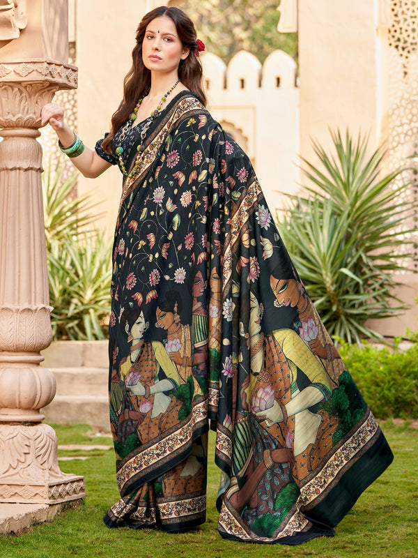 NOZ2TOZ Women's Silk Blend Black Printed Designer Saree With Blouse Piece - Distacart