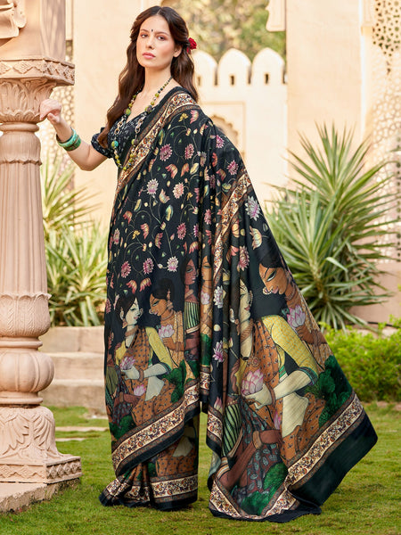 NOZ2TOZ Women's Silk Blend Black Printed Designer Saree With Blouse Piece - Distacart