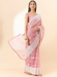 Thumbnail for Pink Organza Geometric Embroidered Saree with Unstitched Blouse Piece - Roozal - Distacart
