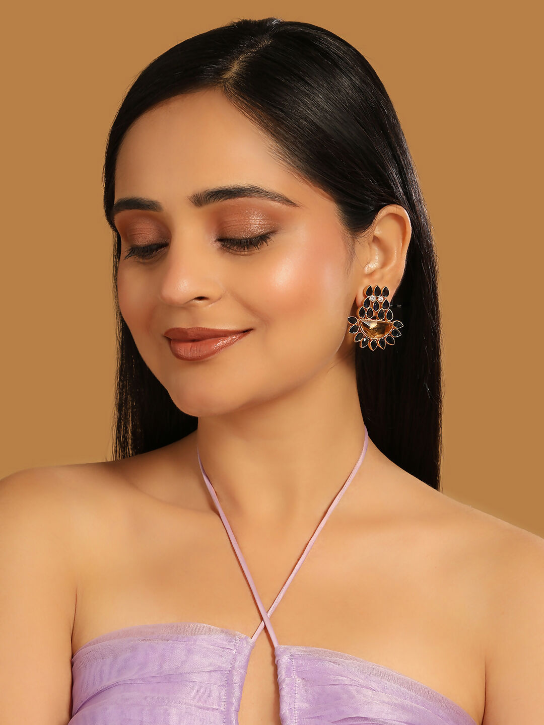 Nuyug 22K Gold Plated Crystal Studded Contemporary Floral Shaped Stud Earrings