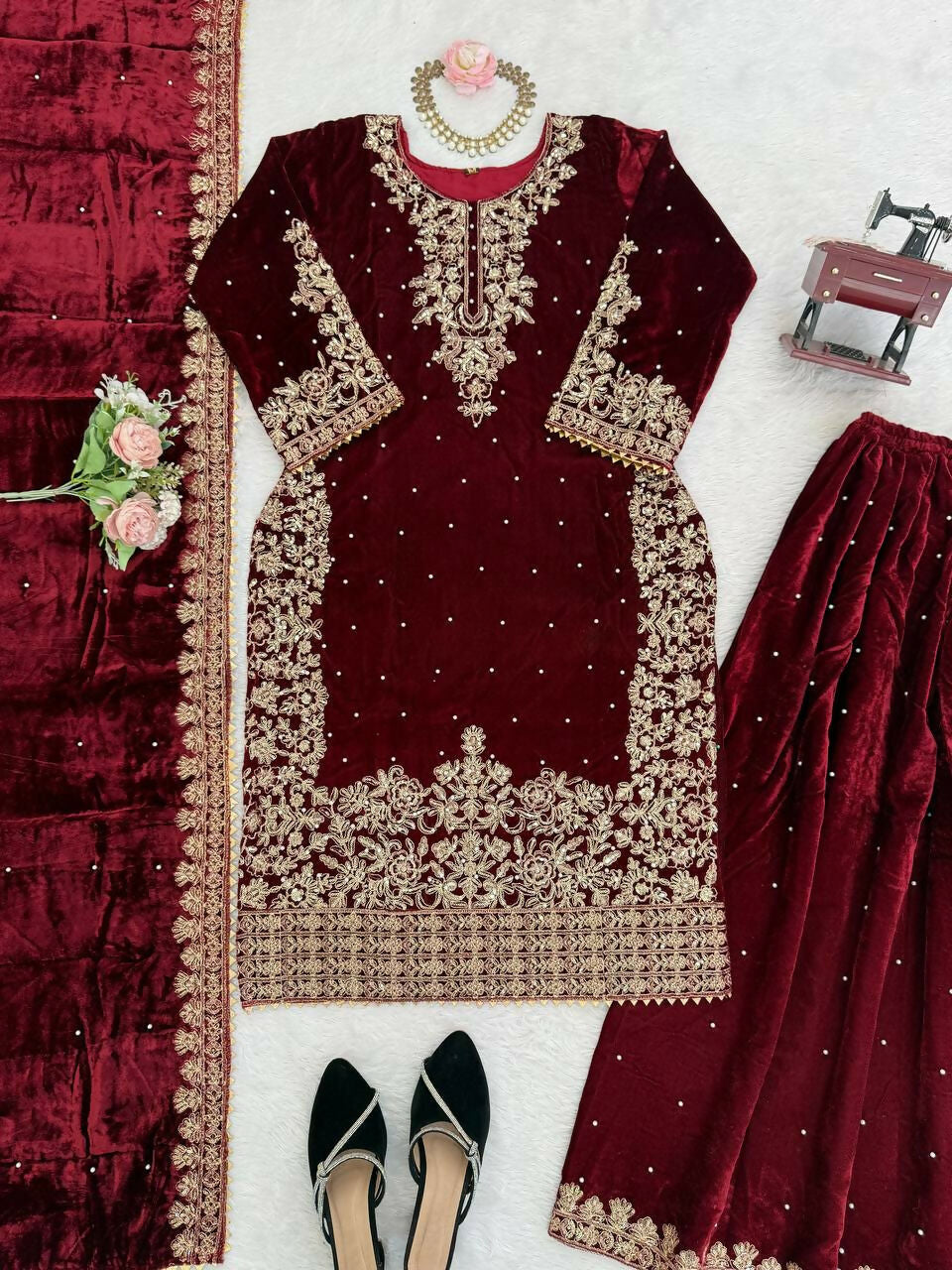 Vastranavya Maroon Viscose Velvet Cording Sequence With Moti Work Top-Bottom With Dupatta