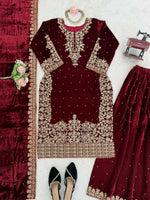 Thumbnail for Vastranavya Maroon Viscose Velvet Cording Sequence With Moti Work Top-Bottom With Dupatta