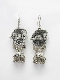 Thumbnail for NVR Women's Silver-Toned Elephant Design German Silver Oxidised Dome Shaped Jhumka Earrings - Distacart