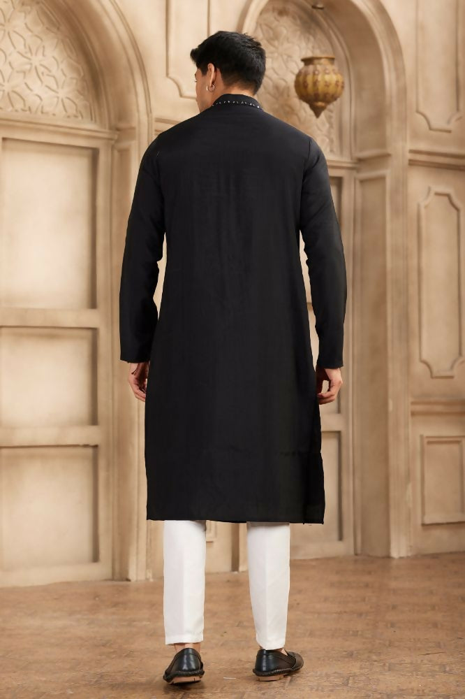 Raivat Ethnic Banarasi Art Silk Mirror Work Kurta Pajama In Black Colour